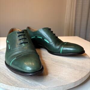 John Fluevog Green Leather Cap Toe Oxford Dress Shoes Men's Unique Stitch 10.5